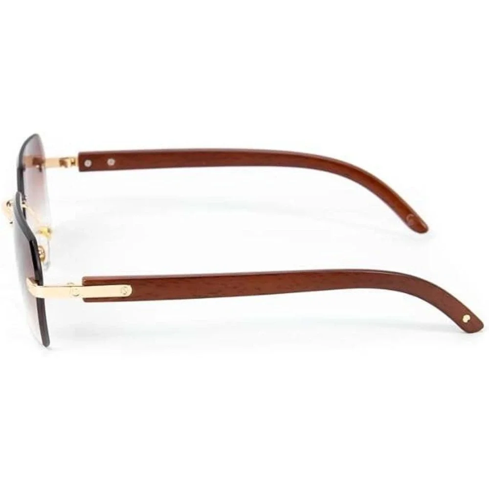 Square Men Sunglasses Rimless Brown Lens Wood Grain Legs Fashion Hip Hop‎ Retro
